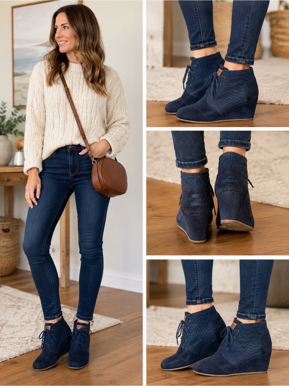 TOMS Desert Wedge Suede Ankle Boots Navy Blue Embossed Snake Print Size 7.5